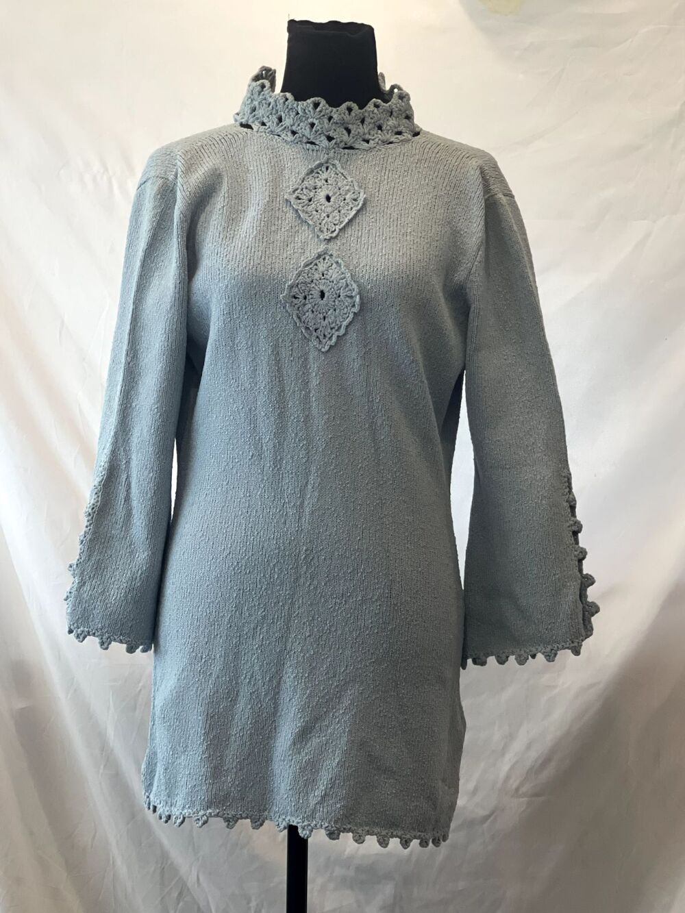 Vintage 60s Miss Jo Ann Knit Mini Dress Baby Blue Mod GoGo Bell Sleeve S
